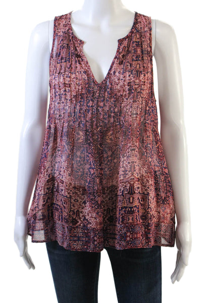Joie Womens Sleeveless V Neck Abstract Silk Top Blouse Pink Navy Size Small