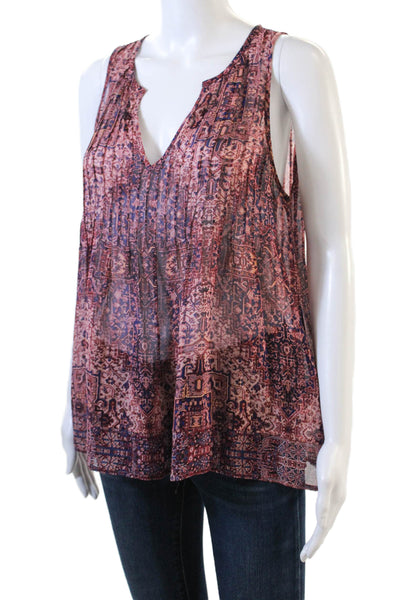 Joie Womens Sleeveless V Neck Abstract Silk Top Blouse Pink Navy Size Small