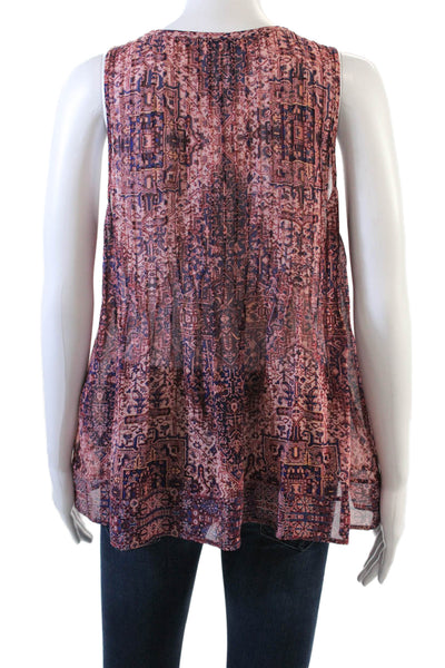 Joie Womens Sleeveless V Neck Abstract Silk Top Blouse Pink Navy Size Small