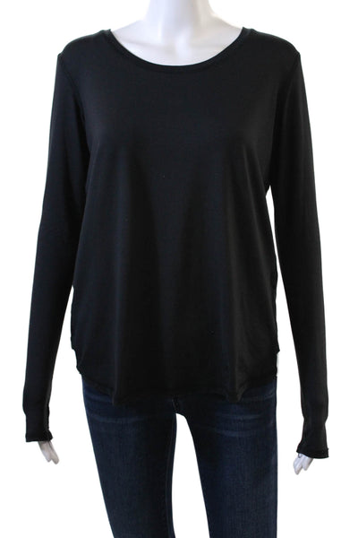 ALALA Womens Long Sleeve Scoop Neck Printed Trim Shirt Black Blue Size Small