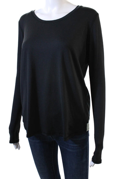 ALALA Womens Long Sleeve Scoop Neck Printed Trim Shirt Black Blue Size Small
