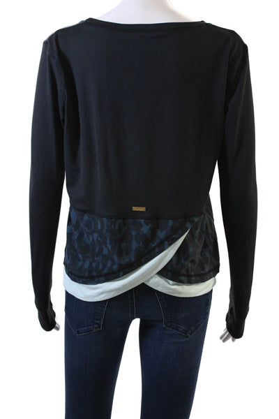 ALALA Womens Long Sleeve Scoop Neck Printed Trim Shirt Black Blue Size Small