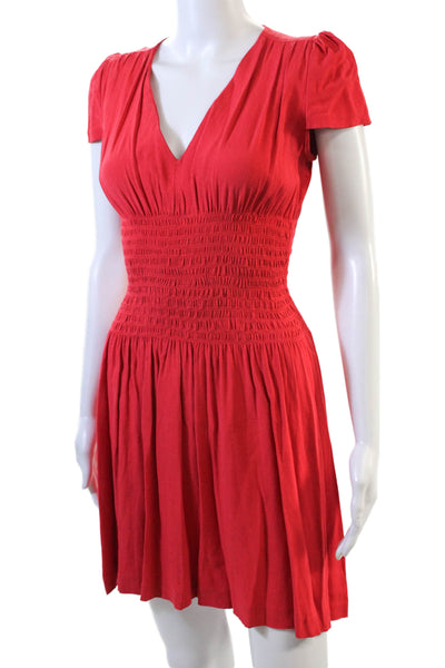 Maje Womens Short Sleeve V Neck Smocked Mini Shift Dress Red Size 1