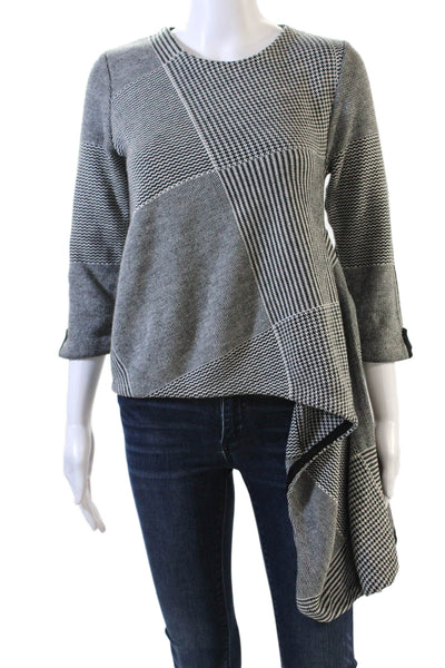 Gracia Womens Plaid Crew Neck Asymmetrical Sweater Black White Size Small