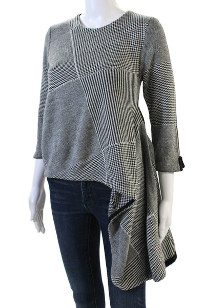 Gracia Womens Plaid Crew Neck Asymmetrical Sweater Black White Size Small