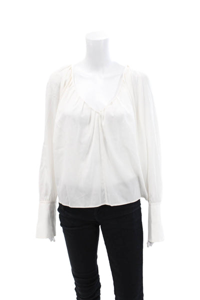 ALC Womens Long Sleeve V Neck Silk Draped Blouse White Size 2