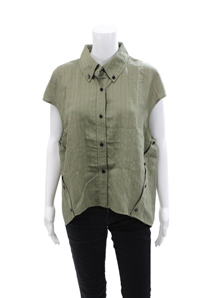 Saint Art Womens Button Front Short Sleeve Pinstriped Shirt Green Cotton Large