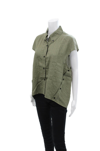 Saint Art Womens Button Front Short Sleeve Pinstriped Shirt Green Cotton Large