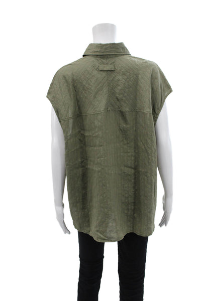 Saint Art Womens Button Front Short Sleeve Pinstriped Shirt Green Cotton Large
