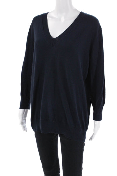 Shari's Place Womens Cotton V-Neck Long Sleeve Pullover Sweater Blue Size M