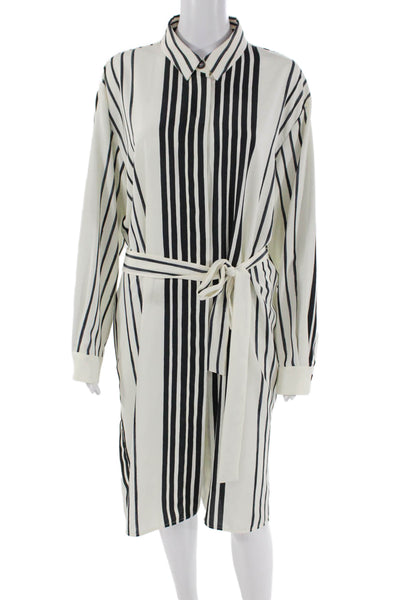 Marella Womens Collared Striped Long Sleeve Waist Tied Shift Dress White Size 12