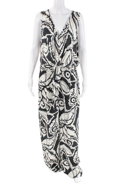 Marella Womens Satin Sleeveless V-Neck Waist Tied Jumpsuit White Size 12