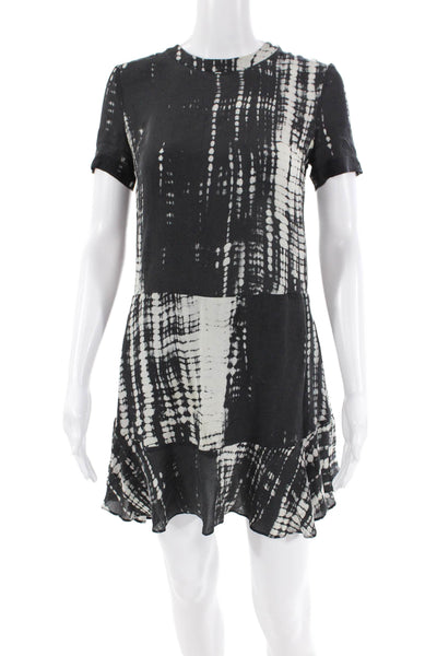 ALC Womens Short Sleeve Crew Neck Abstract Silk Dress Black Gray Size 2