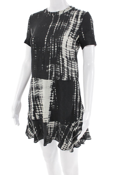 ALC Womens Short Sleeve Crew Neck Abstract Silk Dress Black Gray Size 2