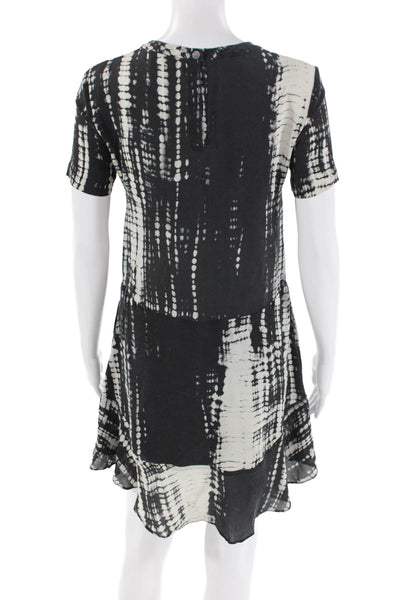 ALC Womens Short Sleeve Crew Neck Abstract Silk Dress Black Gray Size 2