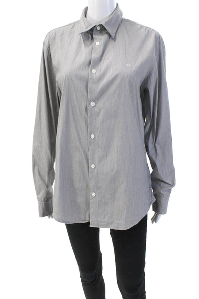 Calvin Klein Womens Cotton Striped Print Collared Button Down Top Gray Size M