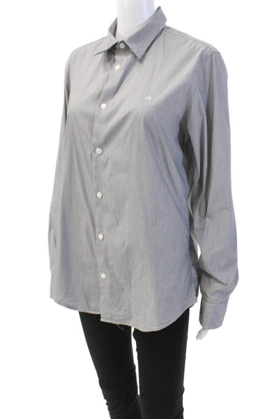 Calvin Klein Womens Cotton Striped Print Collared Button Down Top Gray Size M