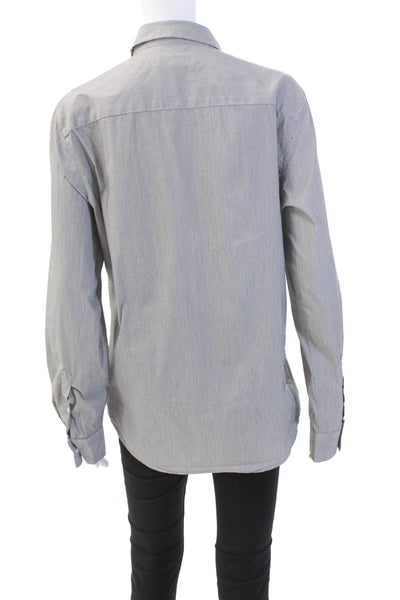 Calvin Klein Womens Cotton Striped Print Collared Button Down Top Gray Size M