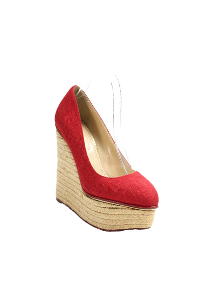 Charlotte Olympia Womens Carmen Espadrille Platform Wedge Heels Red Size 8.5