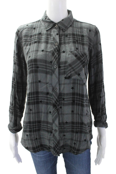 Rails Womens Plaid Star Print Collared Button Up Flannel Top Gray Size XS