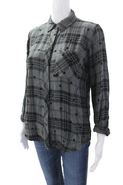Rails Womens Plaid Star Print Collared Button Up Flannel Top Gray Size XS