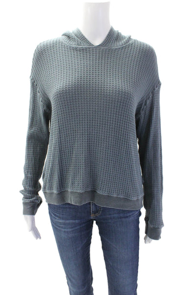 Monrow Womens Cotton Woven Textured Lightweight Pullover Hoodie Blue Size XS