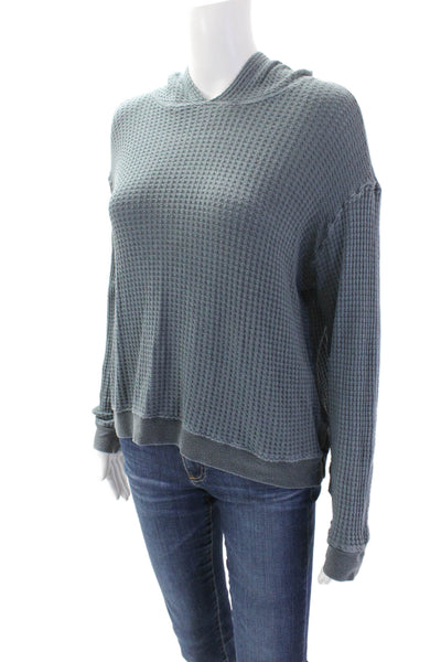 Monrow Womens Cotton Woven Textured Lightweight Pullover Hoodie Blue Size XS