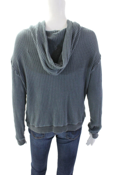 Monrow Womens Cotton Woven Textured Lightweight Pullover Hoodie Blue Size XS