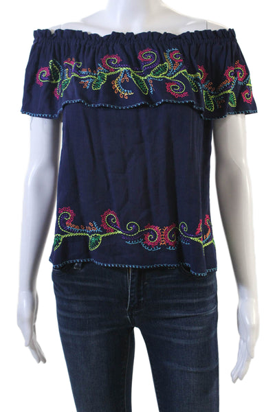 Parker Beach Womens EmbroiderTextured Round Neck Short Sleeve Top Blue Size XS