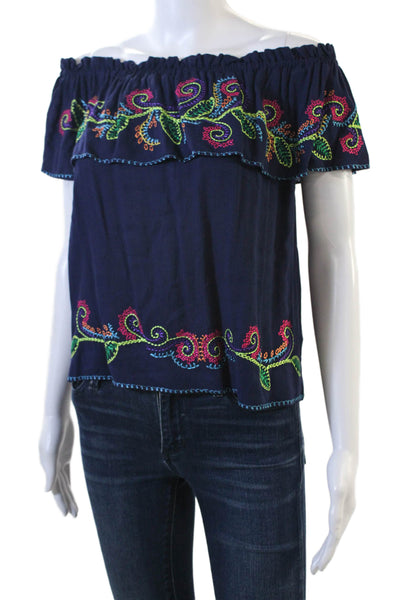 Parker Beach Womens EmbroiderTextured Round Neck Short Sleeve Top Blue Size XS