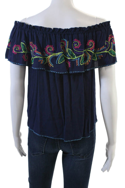 Parker Beach Womens EmbroiderTextured Round Neck Short Sleeve Top Blue Size XS