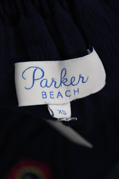 Parker Beach Womens EmbroiderTextured Round Neck Short Sleeve Top Blue Size XS