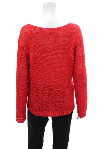 J Crew Womens Cotton Boat Neck Long Sleeve Crocheted Sweater Solid Red Size S