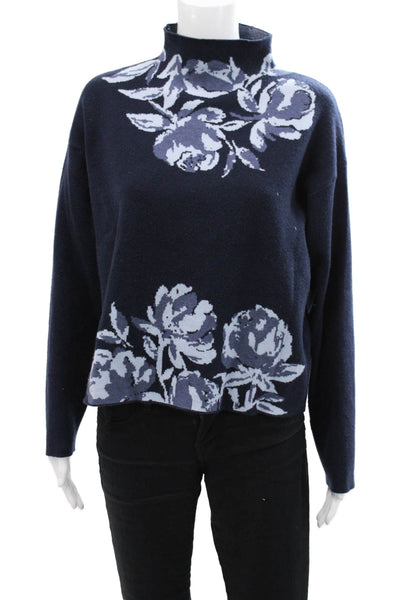 Joie Womens Knit High Neck Floral Print Long Sleeve Cropped Sweater Blue Size XL