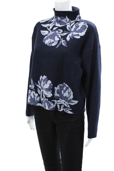 Joie Womens Knit High Neck Floral Print Long Sleeve Cropped Sweater Blue Size XL