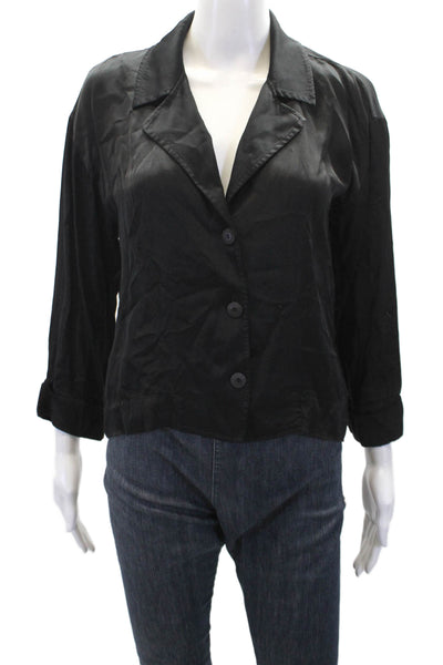Nation LTD Womens Satin Long Sleeve Buttoned Cropped Top Solid Black Size XS