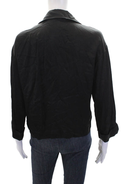 Nation LTD Womens Satin Long Sleeve Buttoned Cropped Top Solid Black Size XS