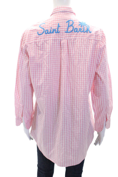 St.Barth Womens Cotton Gingham Print Collared Buttoned Blouse Pink Size S