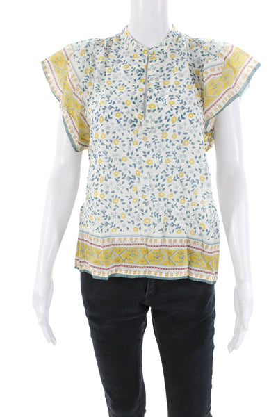 Birds of Paradis Womens Cotton Short Sleeve Floral Keyhole Blouse Yellow Size S