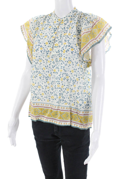 Birds of Paradis Womens Cotton Short Sleeve Floral Keyhole Blouse Yellow Size S