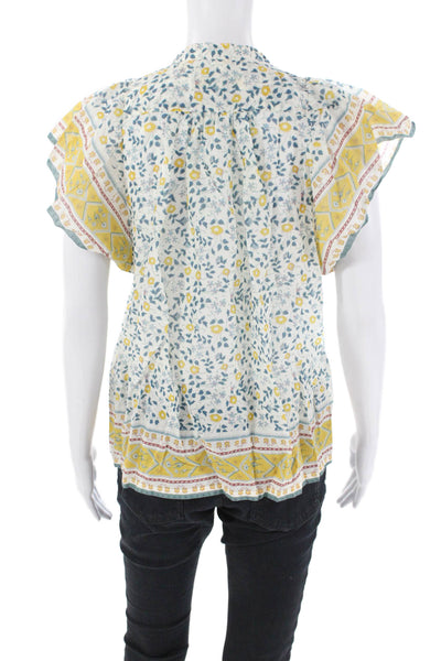 Birds of Paradis Womens Cotton Short Sleeve Floral Keyhole Blouse Yellow Size S