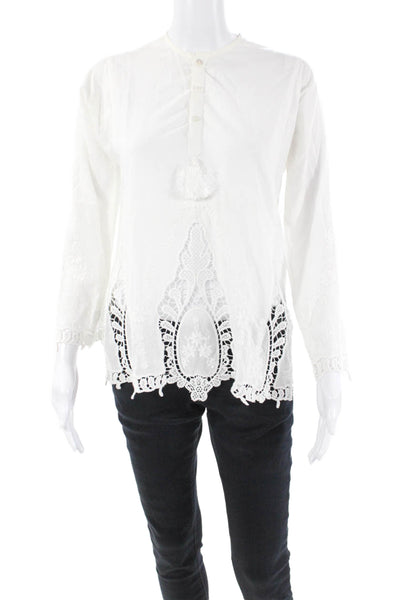 Bell Womens Cotton Long Sleeve Round Neck Button-Up Blouse Top White Size XS