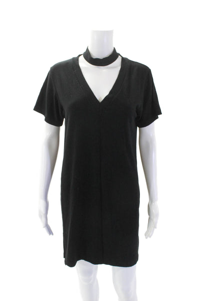 LNA Womens Short Sleeve Keyhole Ribbed Knit Knee Length Shirt Dress Black Small