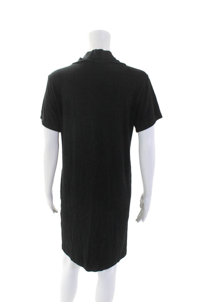 LNA Womens Short Sleeve Keyhole Ribbed Knit Knee Length Shirt Dress Black Small