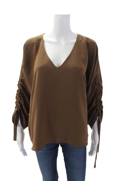 Amanda Uprichard Womens V-Neck Ruched Long Sleeve Blouse Brown Size M