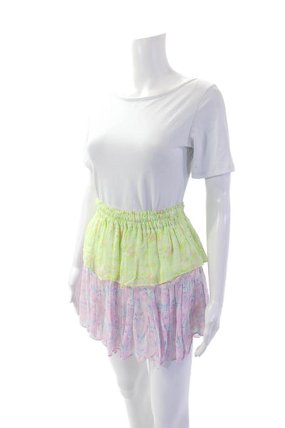 Love Shack Fancy Womens Floral Stretch Mini Tiered Skirt Multicolor Size XS