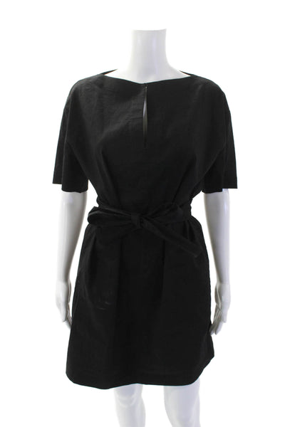 Theory Womens Linen Short Sleeve Tied Sheath Mini Dress Black Size 4
