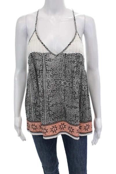 Joie Womens Sleeveless V Neck Abstract Top White Black Peach Cotton Size Small