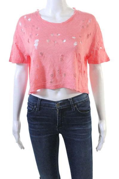 IRO Womens Linen Distressed Cropped Claya Tee Shirt Pink Size Small
