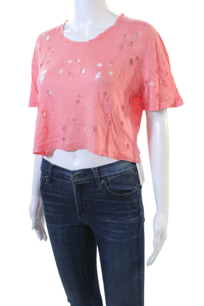 IRO Womens Linen Distressed Cropped Claya Tee Shirt Pink Size Small